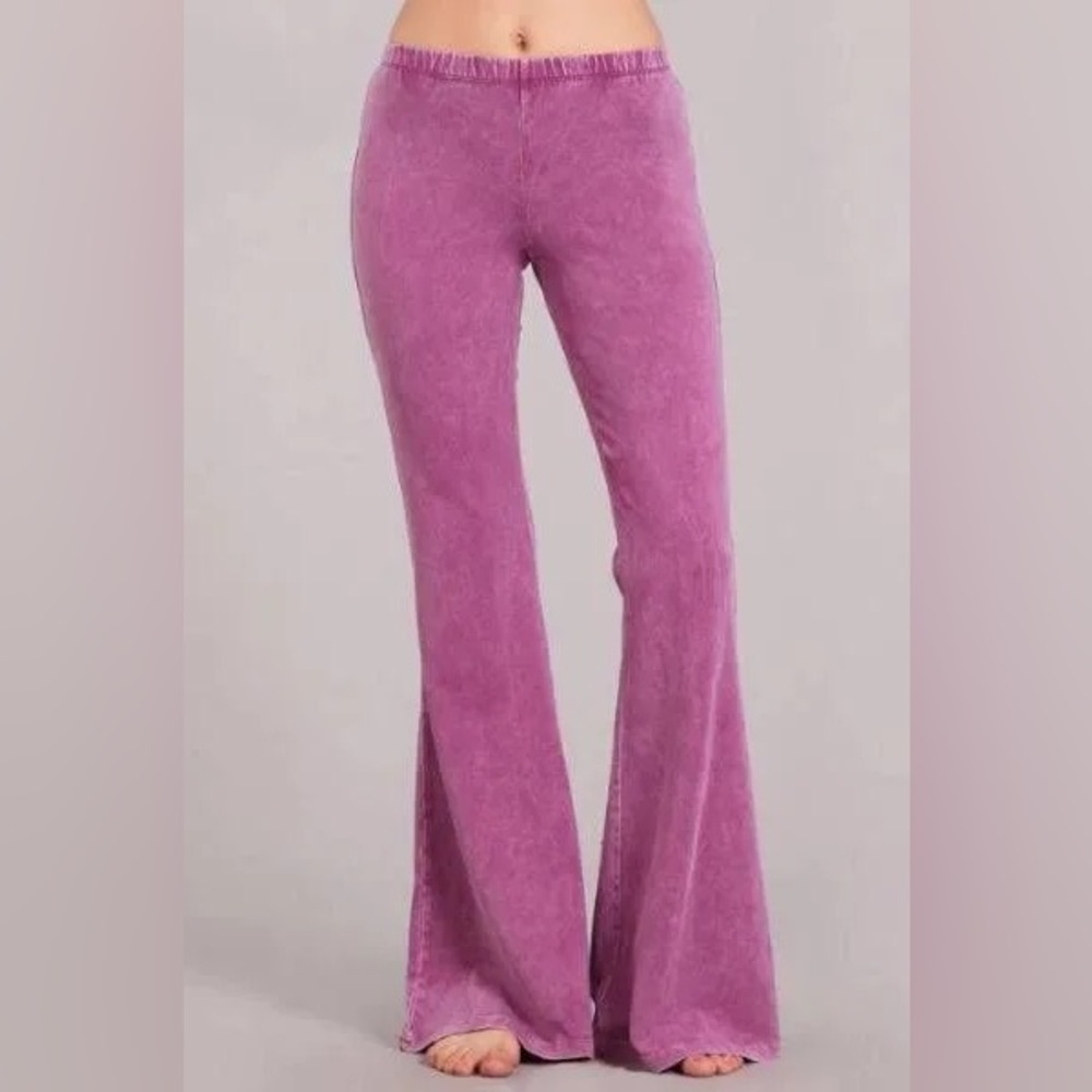 Chatoyant brand mineral wash bell bottom flare pants in magenta haze